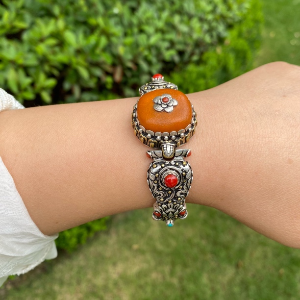 925银手镯 国外回流925银原创设计手镯复古藏式风格