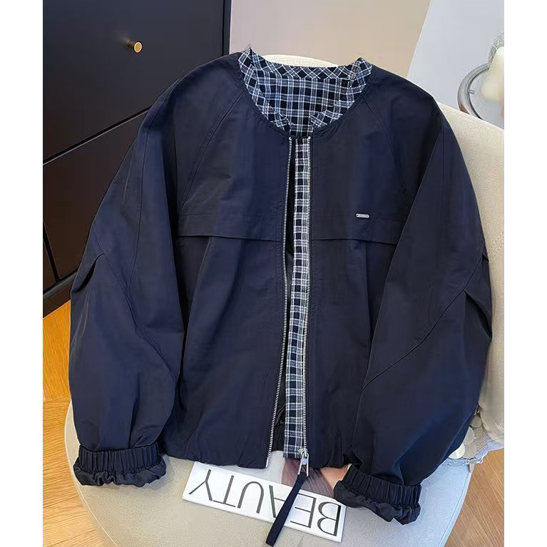 女士小立领格子内衬夹克外套秋季新款休闲时尚百搭上衣2585