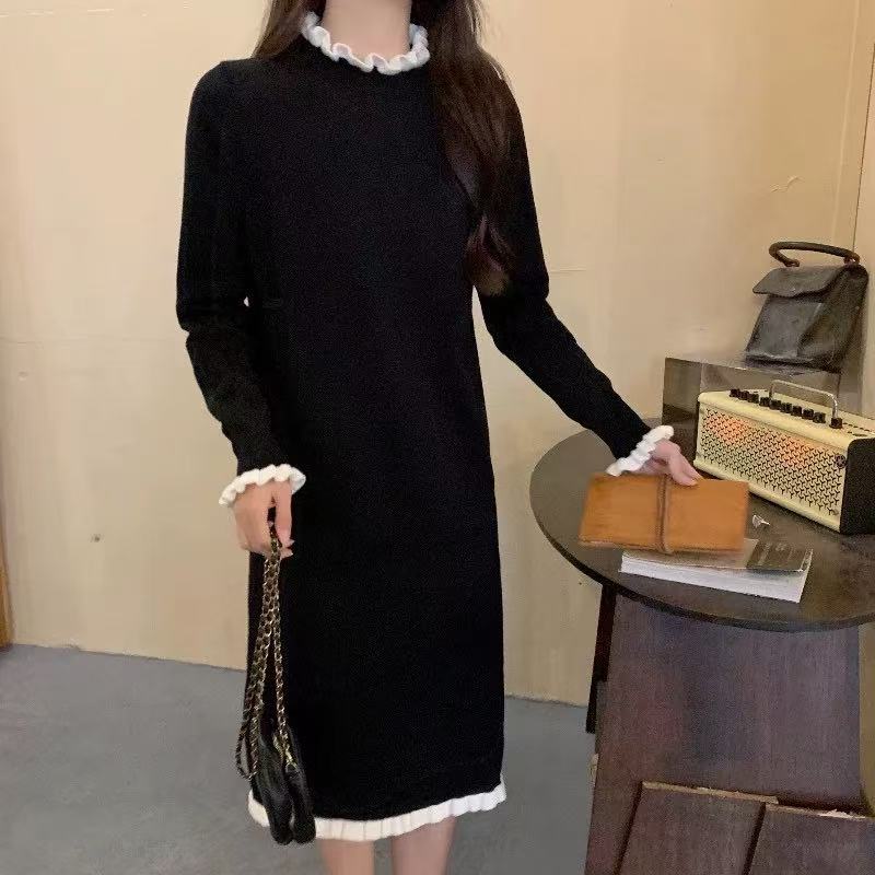 0547 秋冬新款赫本风半高领长袖打底针织毛衣中长裙大仓库