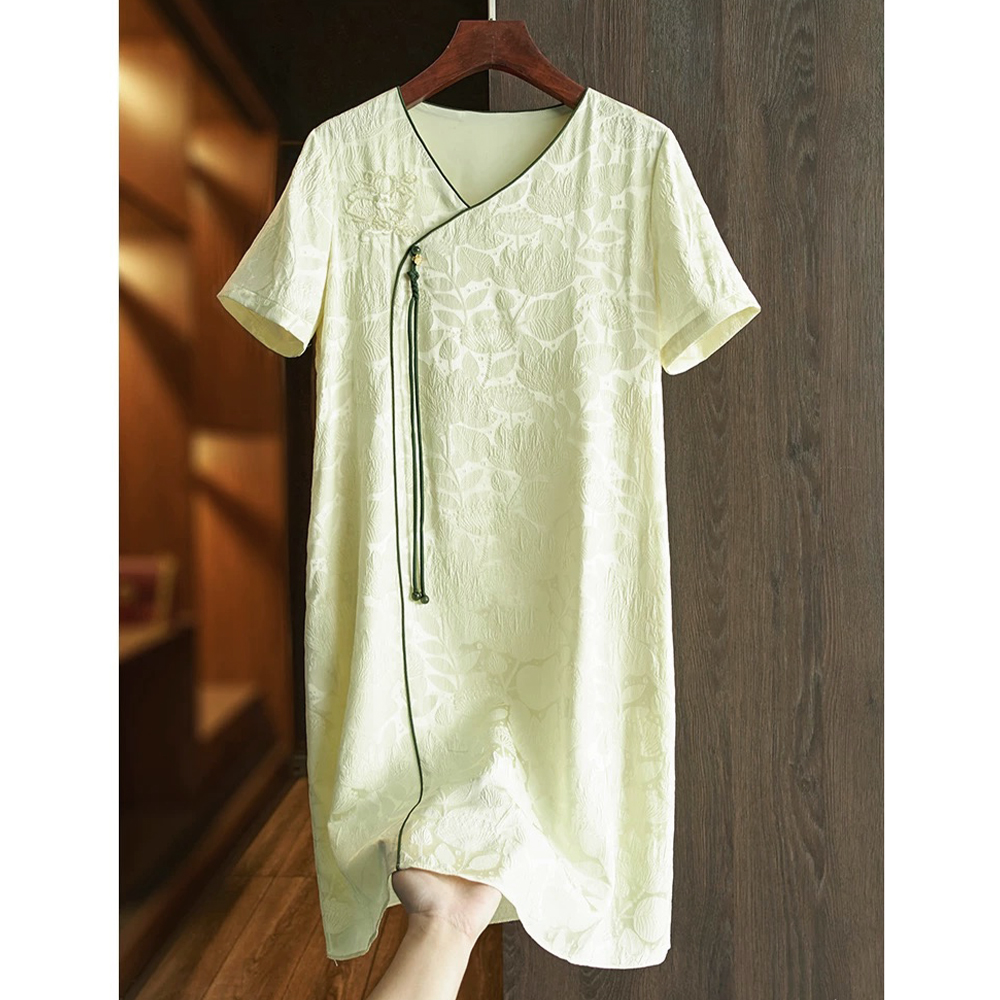 重磅真丝冠乐皱斜襟挂饰花朵桑蚕丝长袖连衣裙ZKC20黄色