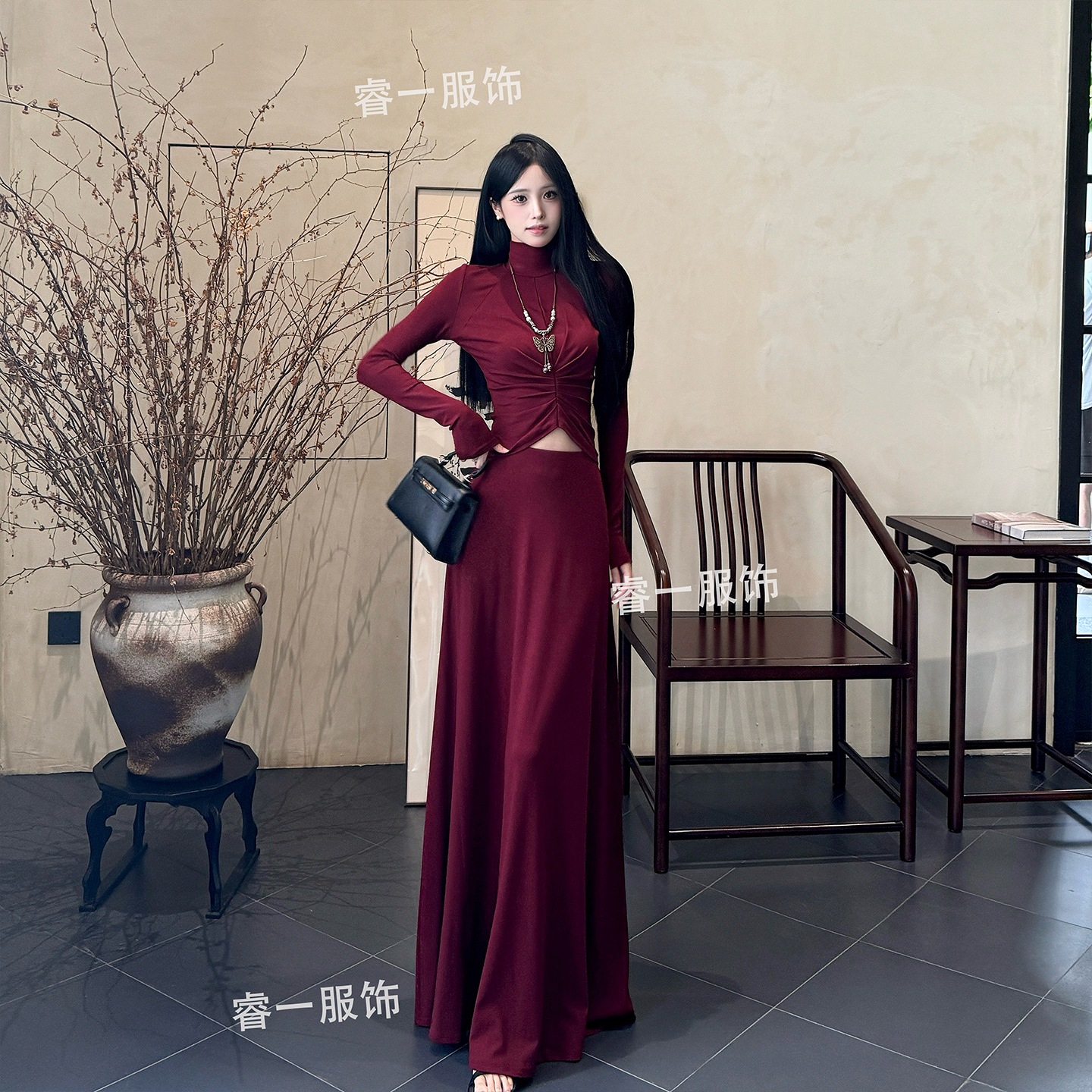 TITI 早秋新品半高领中间褶皱长袖上衣高腰A字半身裙两件套女