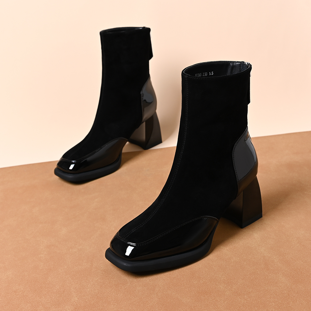 真皮羊皮气质方头高跟瘦瘦靴子2025秋冬新款绒面粗跟后拉链短靴女