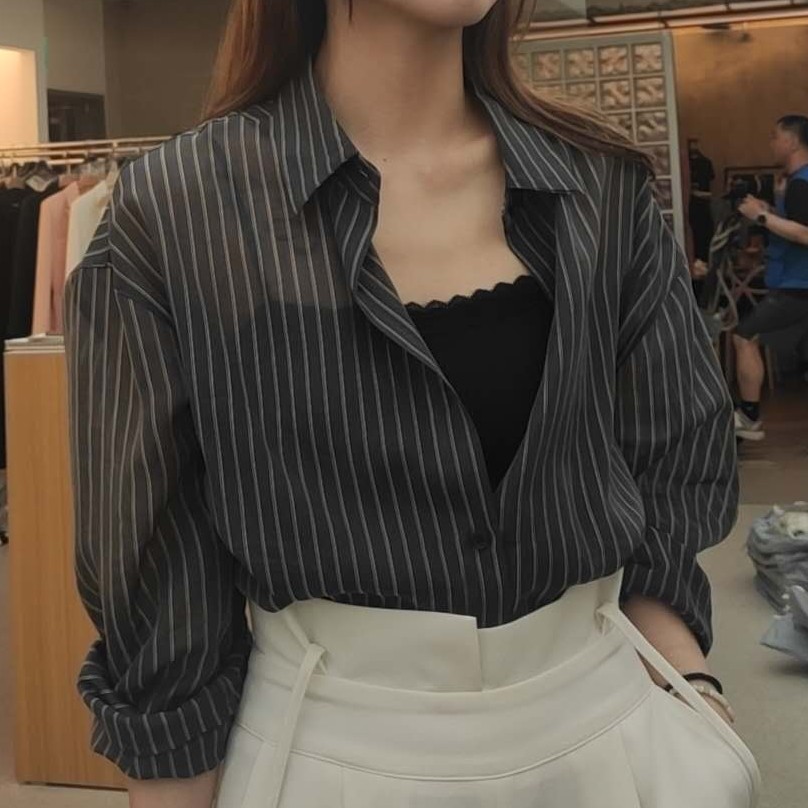 通勤穿搭黑色条纹长袖衬衫NO退换P-4-40女宽松正肩时髦叠穿上衣