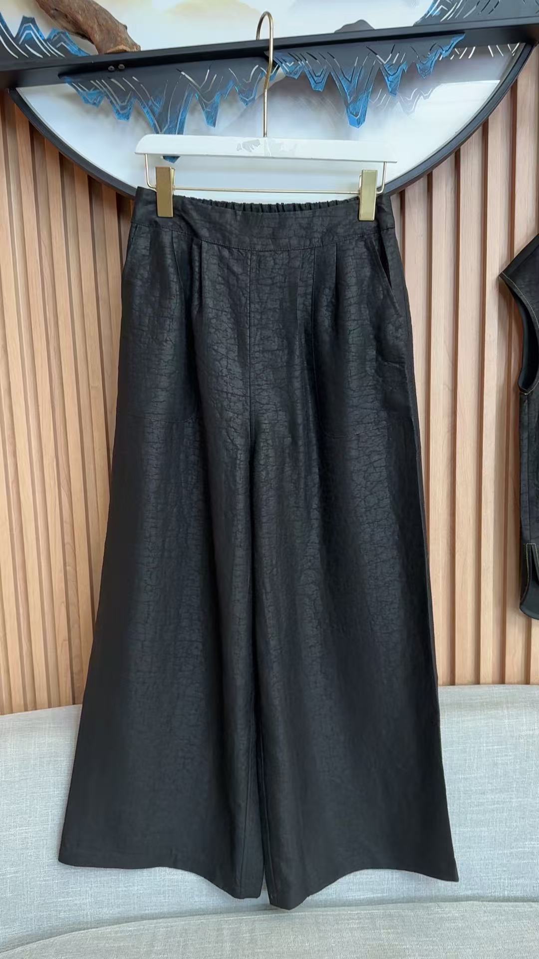 1506无弹力百搭休闲风复古五分高腰阔腿裤女装松紧腰夏季休闲裤