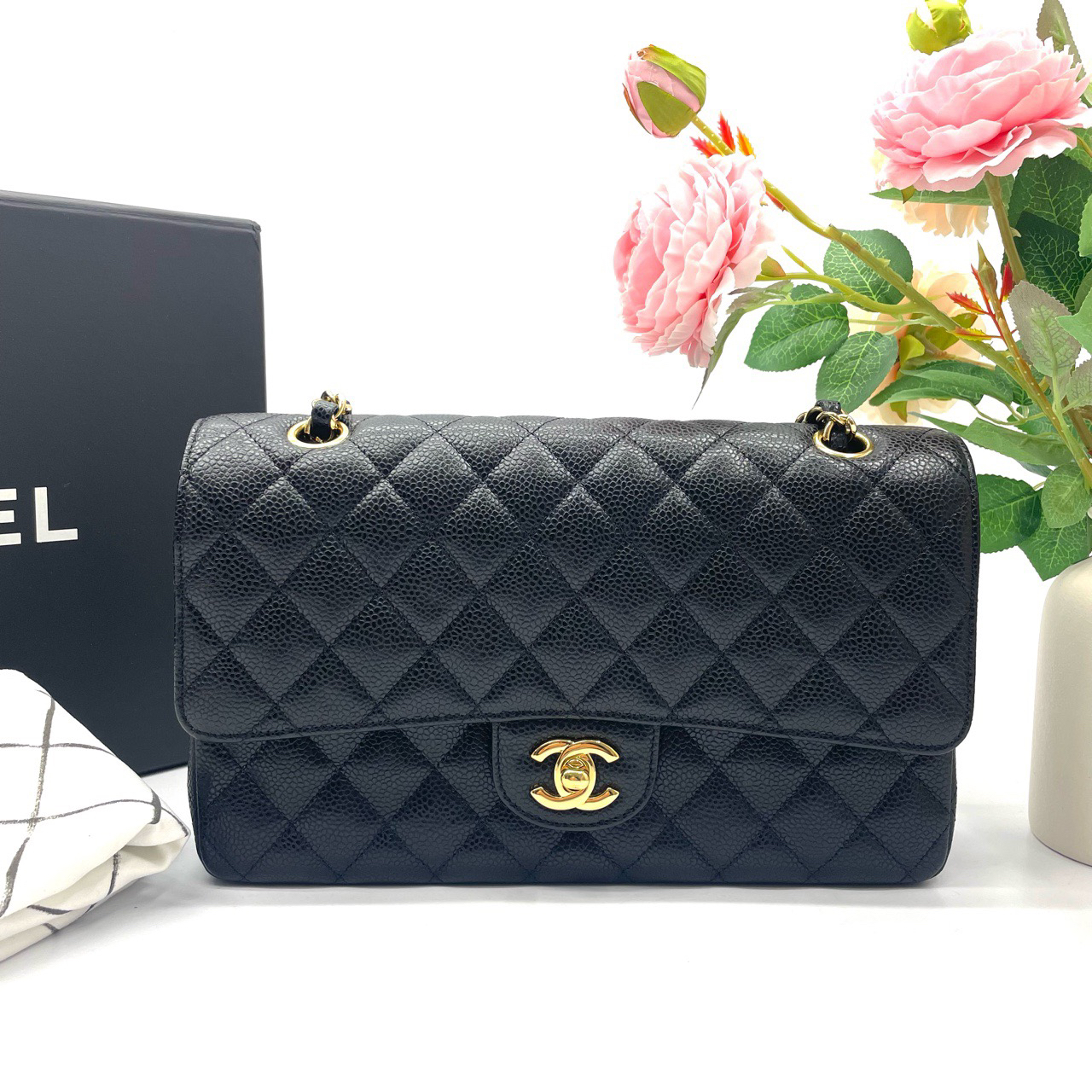95新 Chanel/香奈儿 98新经典荔枝纹牛皮金扣链条包单肩斜挎包 