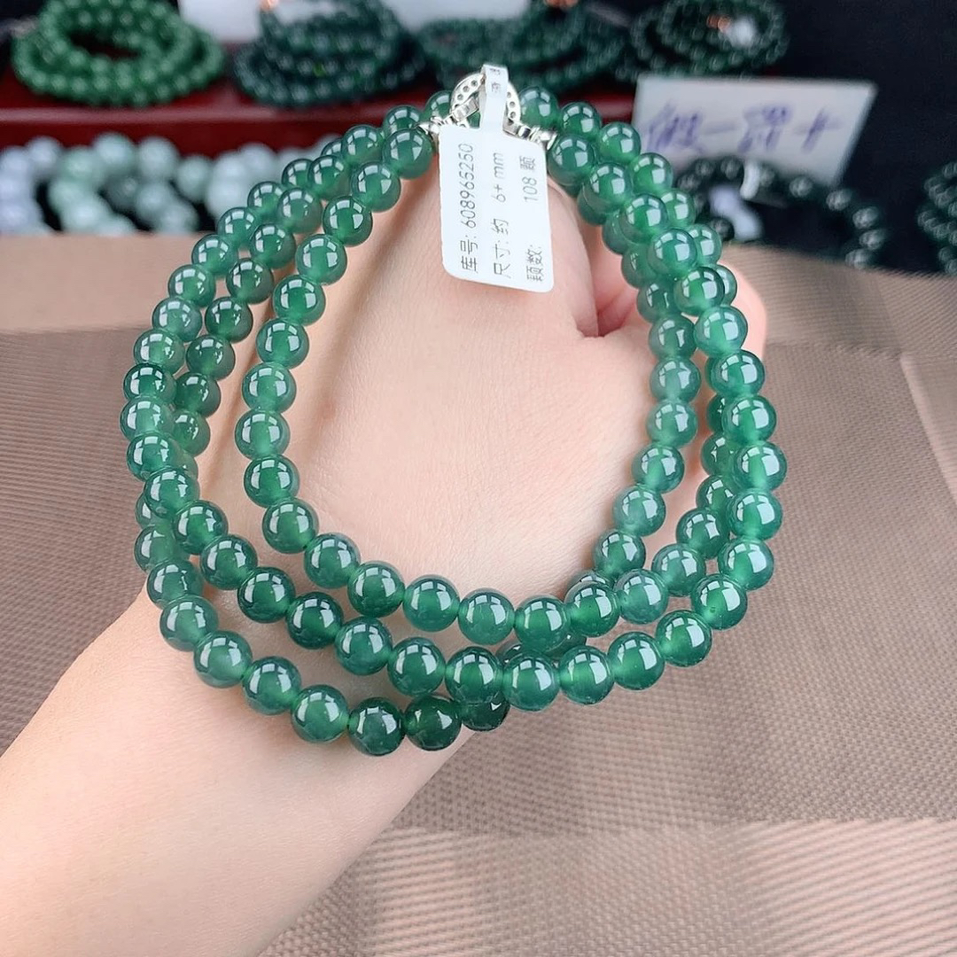 正品天然A货翡翠6+m冰种满绿翡翠珠链气质时尚款冰绿精美轻奢绿色