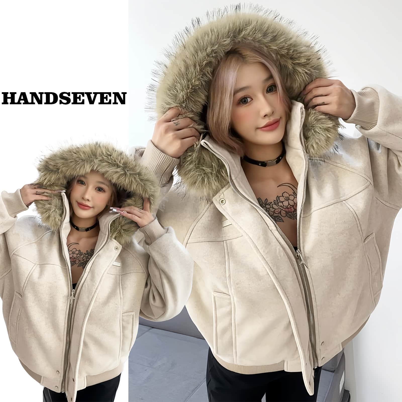 HandSeven美式复古座山雕毛领连帽棉服冬季拼接棉衣休闲加厚外套