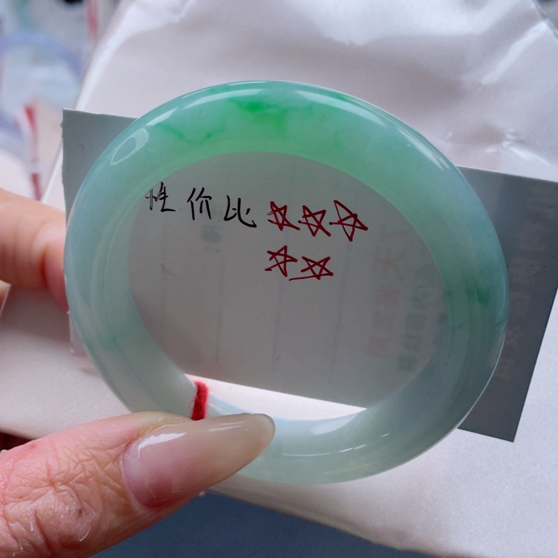 未镶嵌手镯翡翠52.7圈 果绿底飘金丝绿 小万战斗机 5号