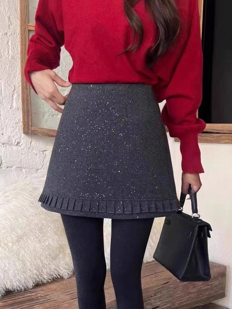 69165冬季细闪木耳边毛呢高腰半身裙女