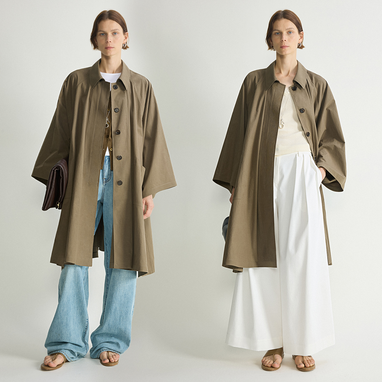 KEIGAN/开间定纺定染轻盈长绒棉哑光微起绒斗篷式风衣外套百搭