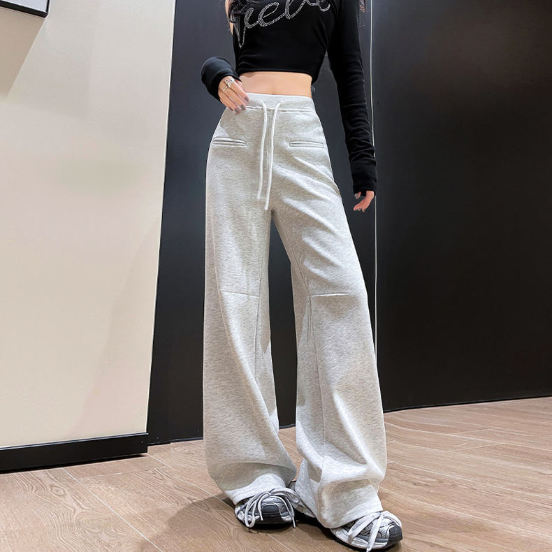 美式高腰一字口袋阔腿运功裤女春秋新款松弛直筒抽绳宽松休闲卫裤