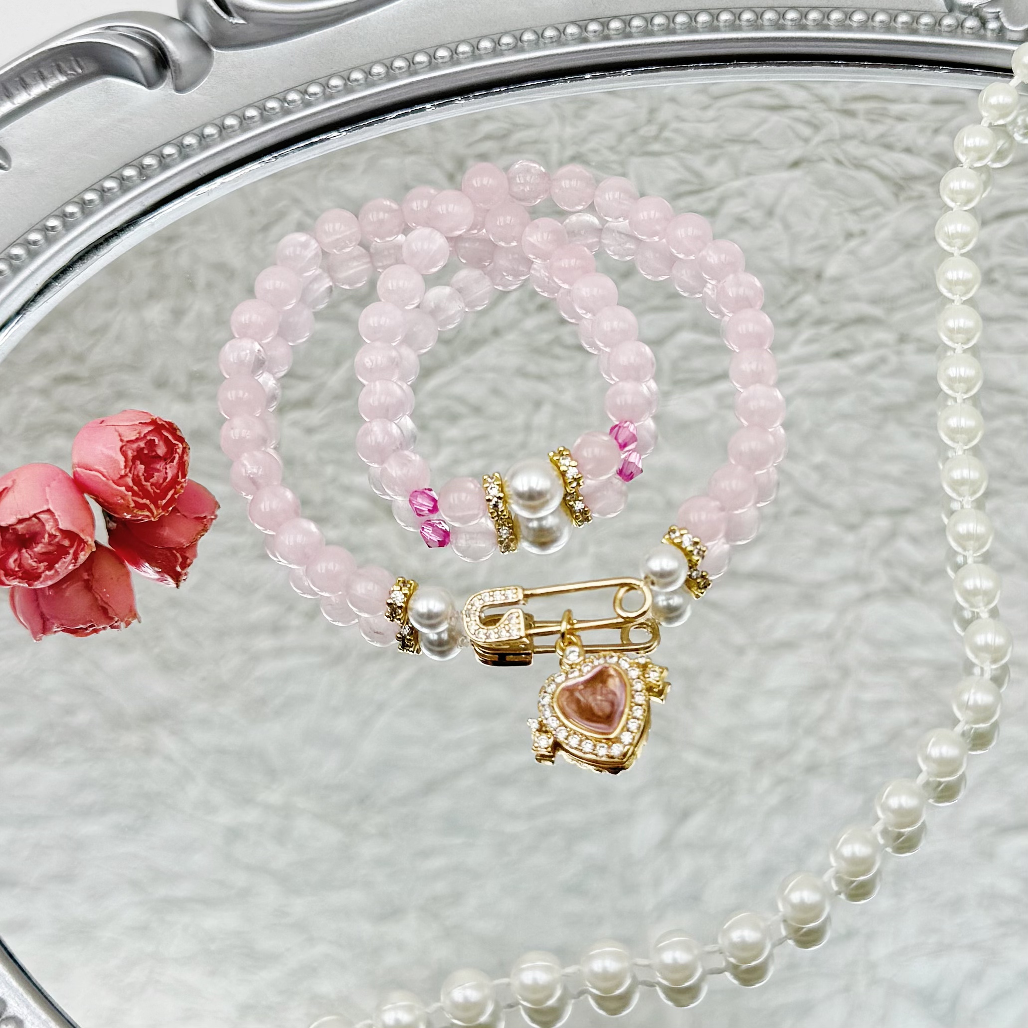 〔莱玺珠宝〕心锁双圈-天然水晶粉水晶别针搭配穿心吊坠多样性发一