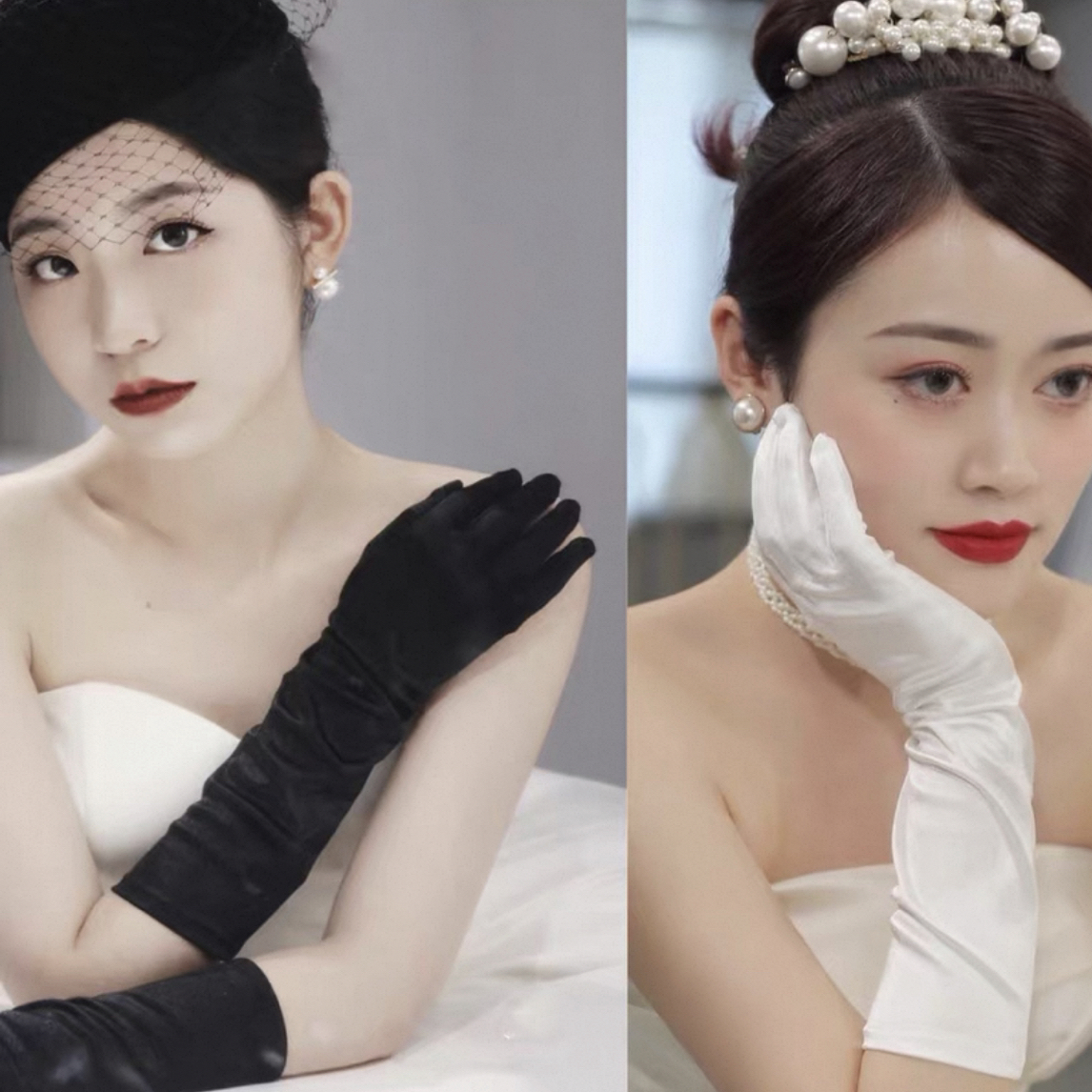 4001/4002绸缎面长款婚礼结婚手套礼服晚宴黑色白色缎面弹力手套
