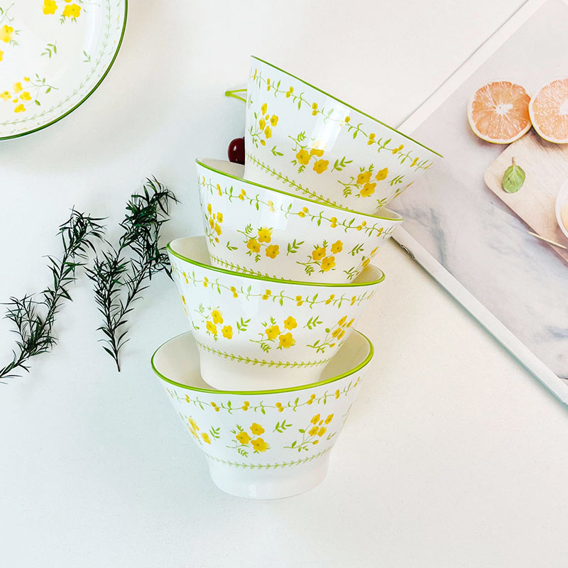 肃匠5英寸斗笠碗釉下彩陶瓷面碗家用沙拉碗家用陶瓷碗田园米饭碗