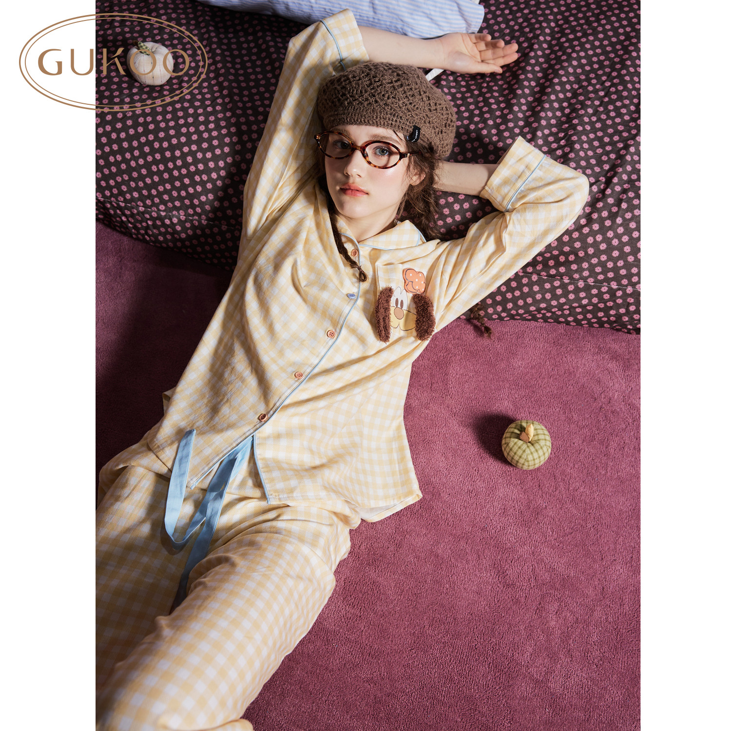 Gukoo/果壳长袖睡衣女春秋款迪士尼联名新款格子女士家居服套装C