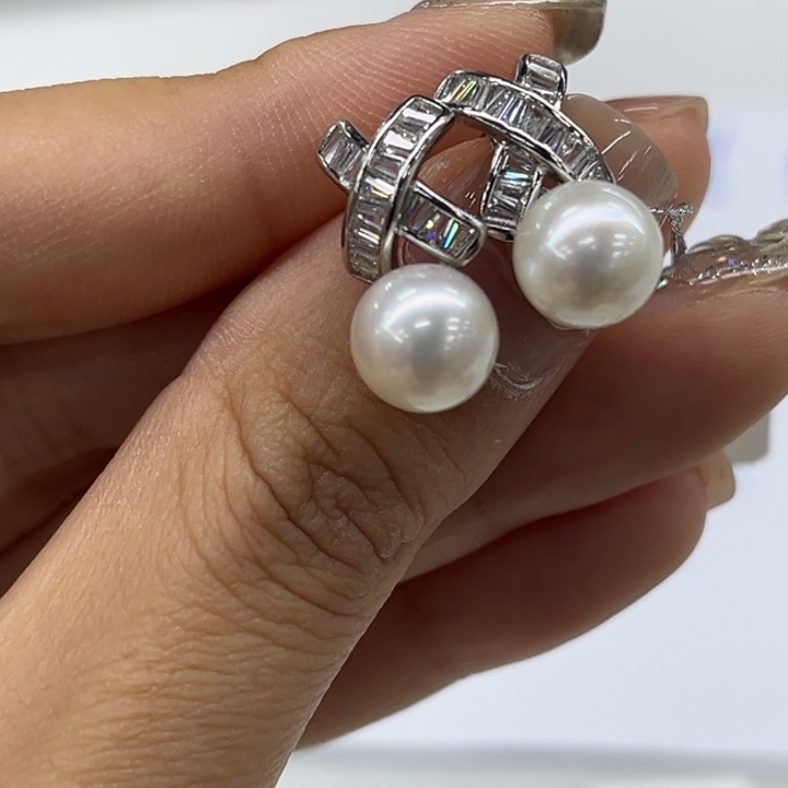 银S925镶嵌耳饰海水珍珠8-9mm