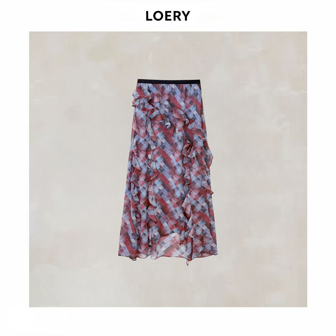 LOERY 【雾中格纹】晕染格纹荷叶边半身裙垂感飘逸中长裙-122331