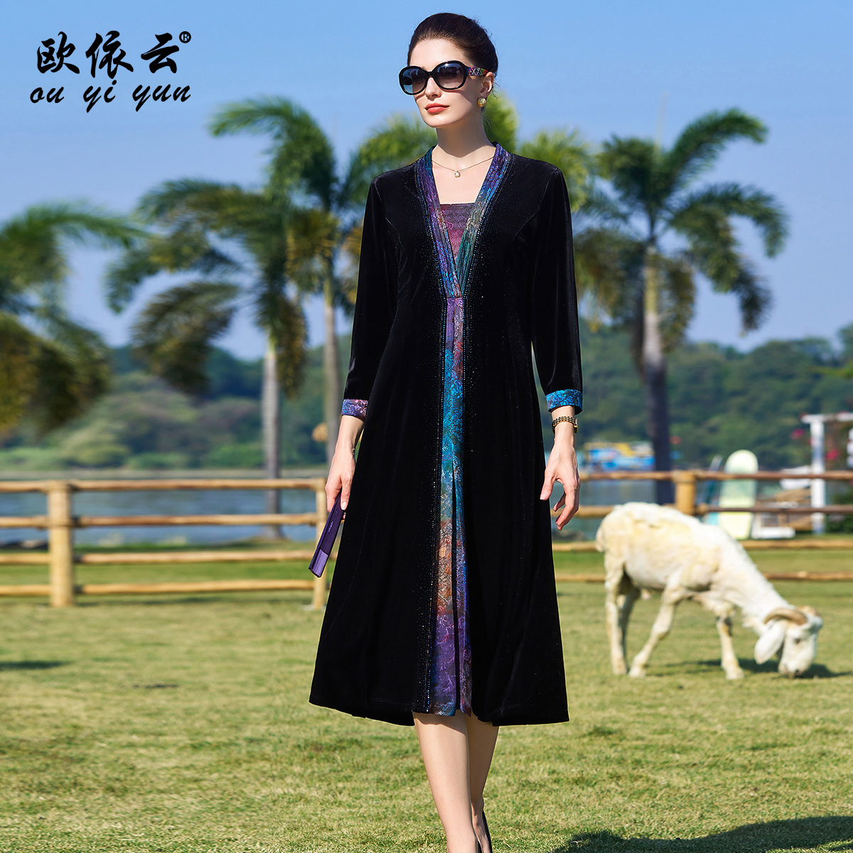 39591欧依云2025春装新款时尚洋气收腰连衣裙大码修身气质妈妈