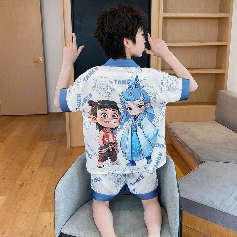 bejirog/北极绒时尚卡通可外穿男童夏季新品短袖冰雪丝睡衣两件套