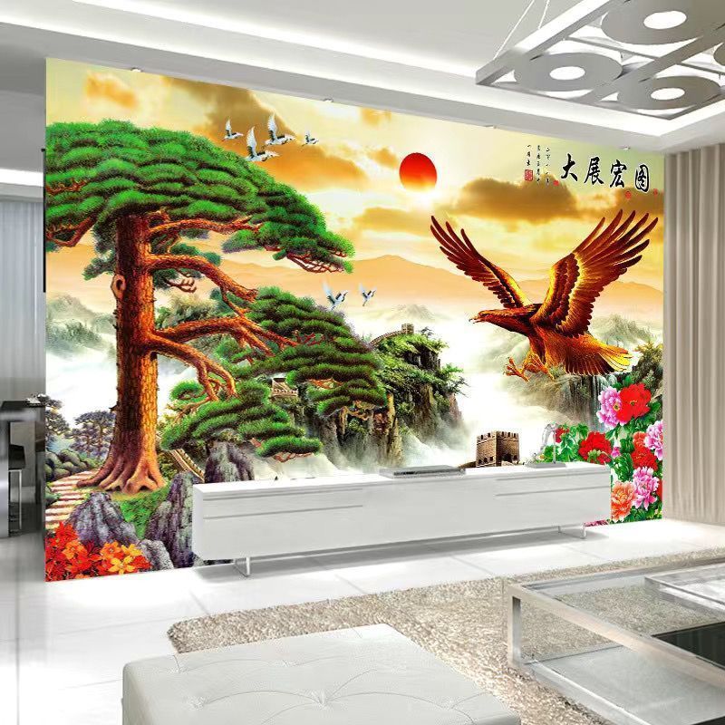 定制迎客松壁画3d立体客厅电视背景墙画8d中式山水风景画装饰壁布