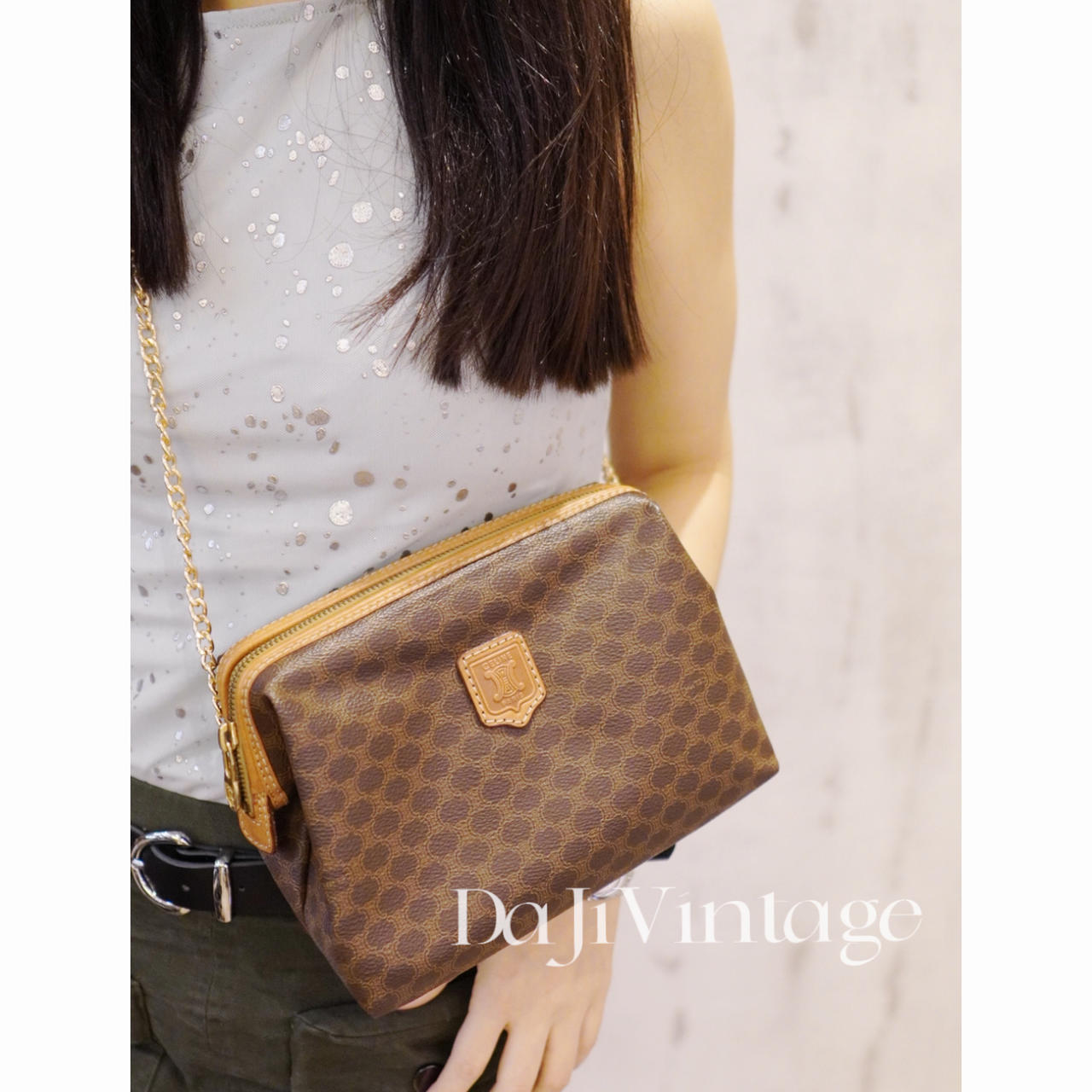 95新 Celine/思琳 大吉中古/bz/凯旋门老花贝壳手拿包