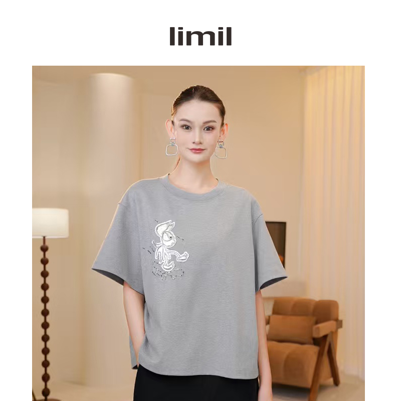 limil/丽米儿秋季新款简约大气休闲流苏钉珠圆领短袖T恤9300112