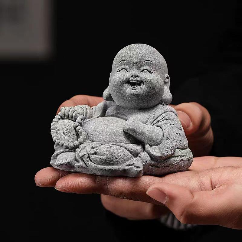 弥勒佛摆件青砂石中式家居装饰茶桌茶玩茶宠鱼缸景观盆栽造景禅意