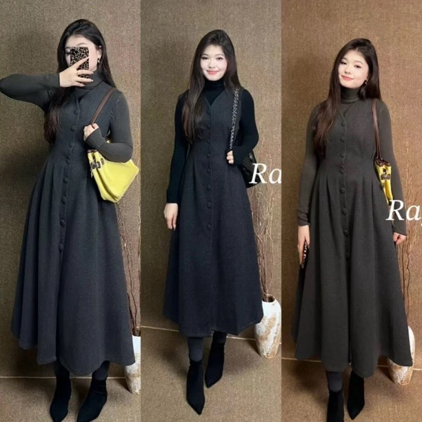 【Rayhon】冬季新款小个子法式拼接显瘦时尚洋气中长款连衣裙