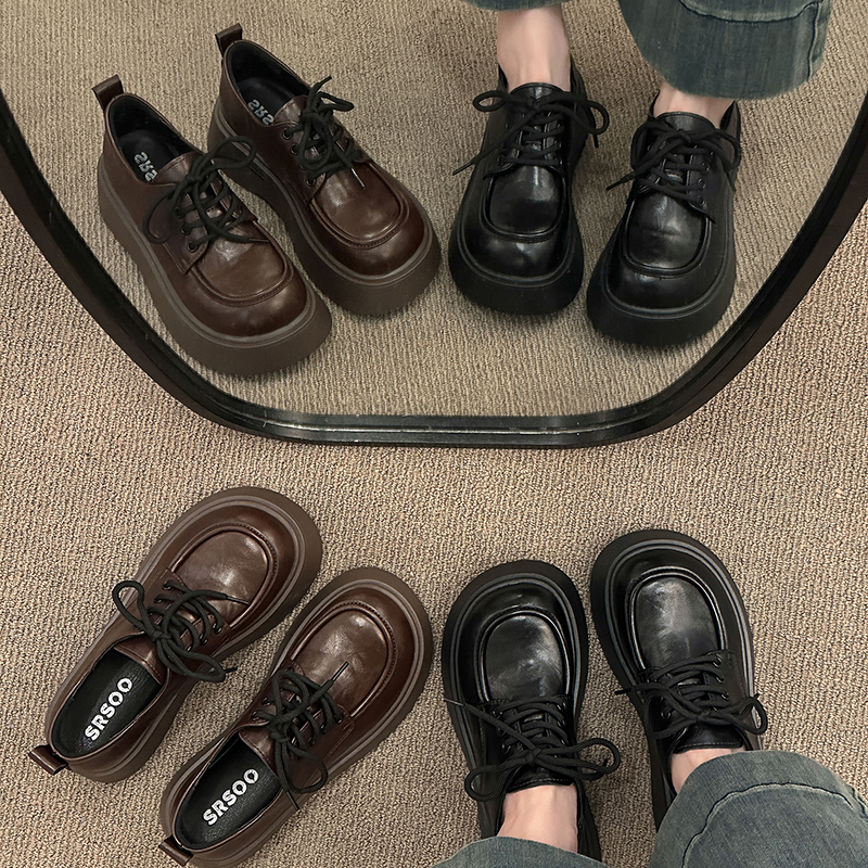 英伦学院风系带小皮鞋女2025秋冬季加绒新款厚底增高百搭平底单鞋