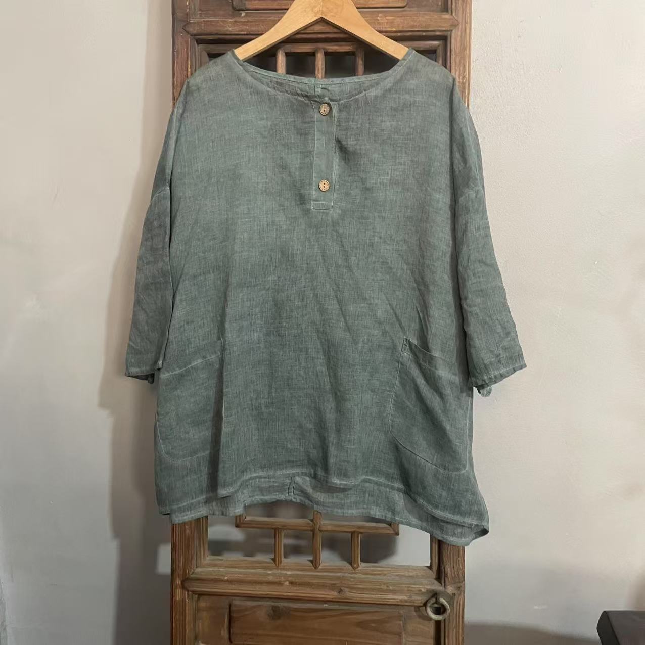 MX665苎麻60公分夏季炒色做旧明线半开扣宽松高端文艺女装上衣