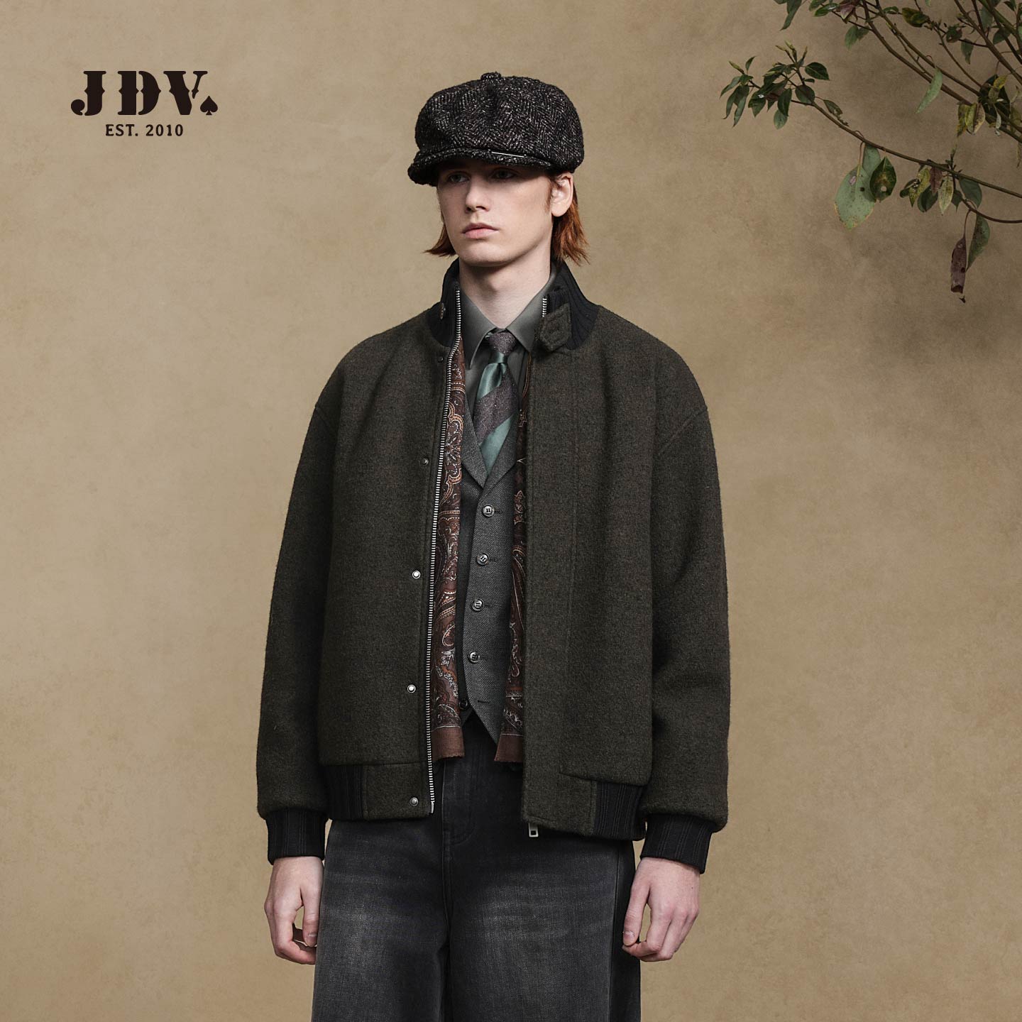 JDV2024商场同款秋冬新款墨绿绵羊毛混纺立领棉外套夹克WYT4433