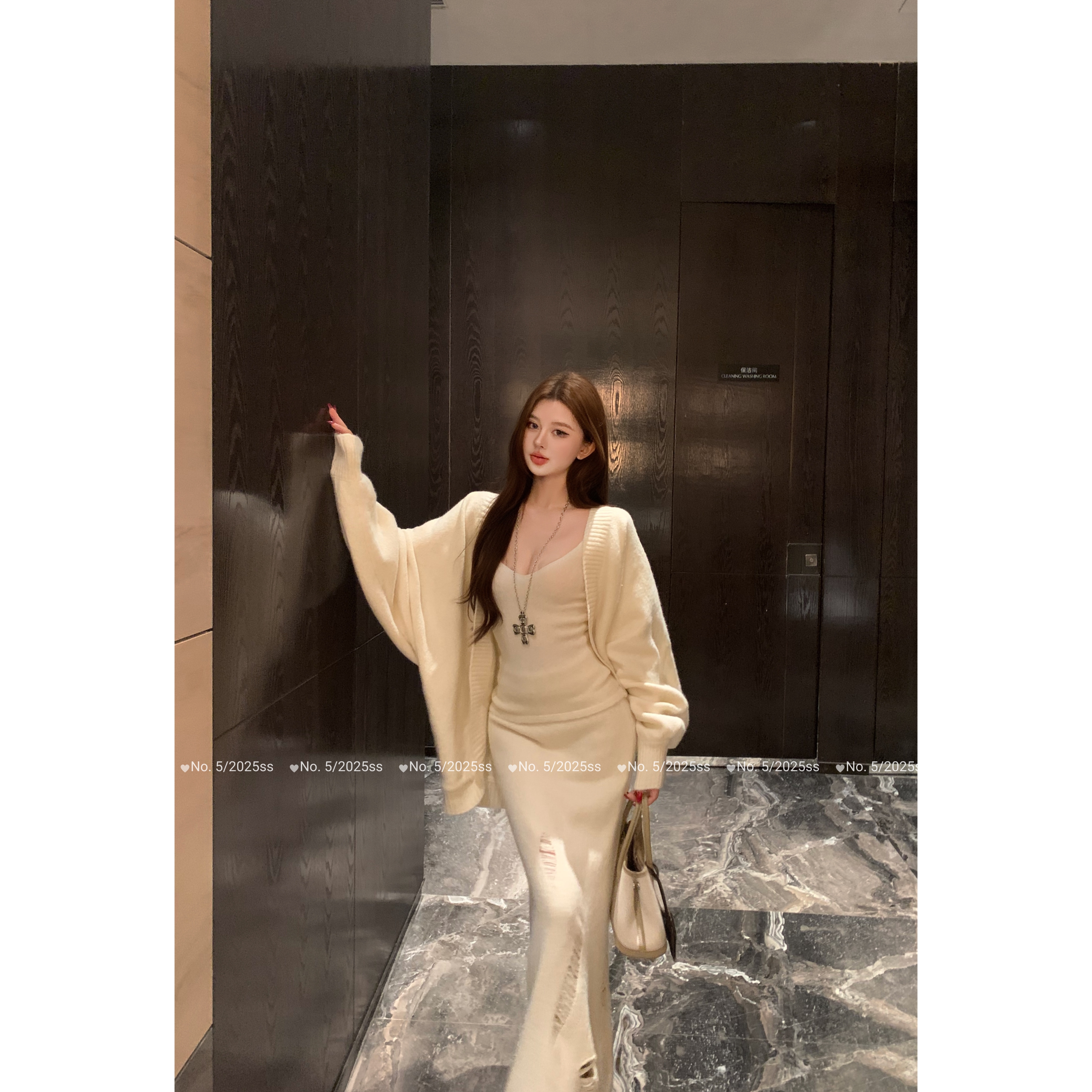 长袖毛衣外套+吊带背心+鱼尾半身裙长裙三件套慵懒休闲套装00531