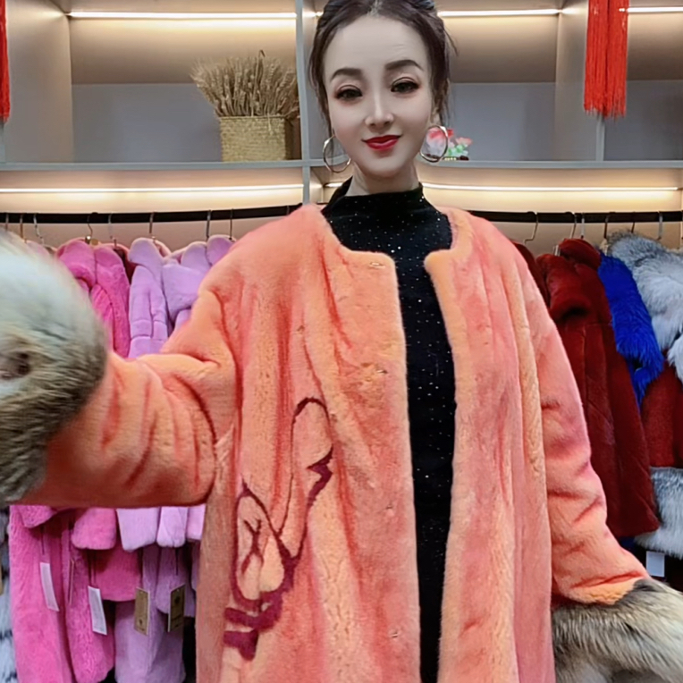 紫标级貂皮大衣女整貂女士水貂毛皮草外套袖口下摆狐狸毛大衣斗篷