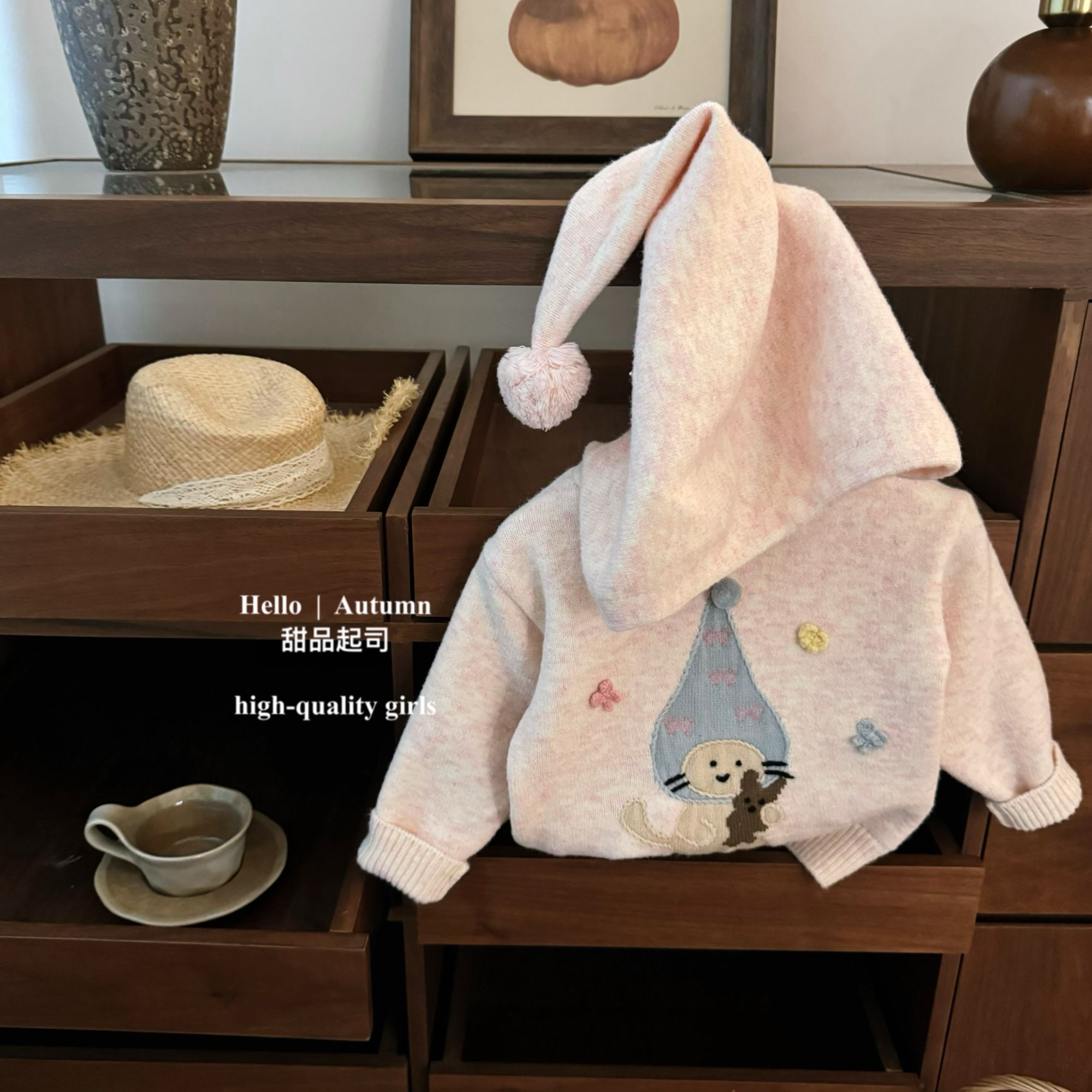 【甜品起司】粉精灵！韩国童装女宝宝连帽加厚毛衣女童针织衫外套