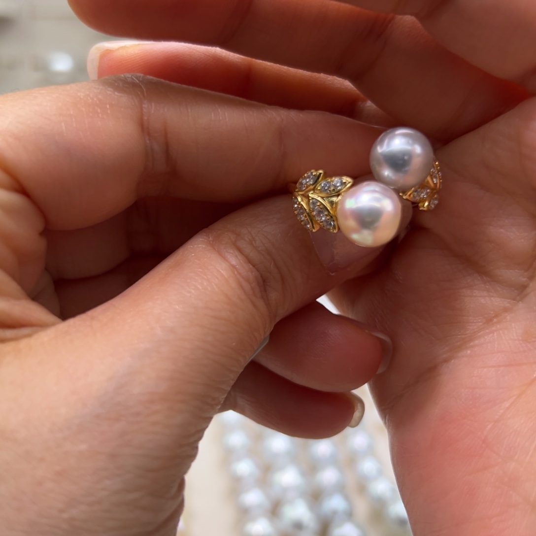 银S925镶嵌戒指海水珍珠8mm麦穗款Ak真多麻双珠无暇近圆