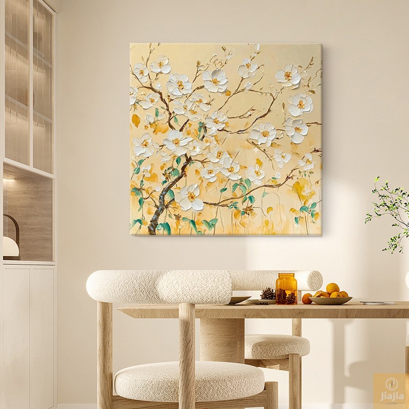 奶油风纯手绘油画暖色调客厅装饰画黄色花卉玄关走廊尽头肌理挂画