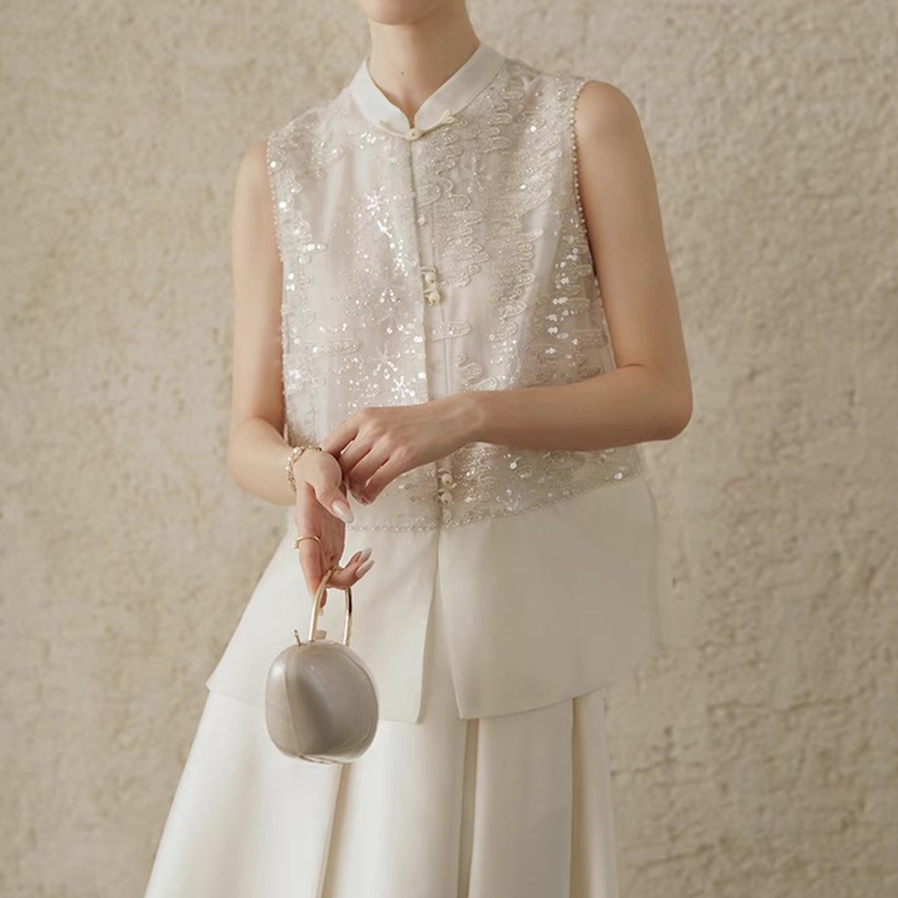 100桑蚕丝真丝欧根缎重工亮片刺绣马甲背心ZKF91