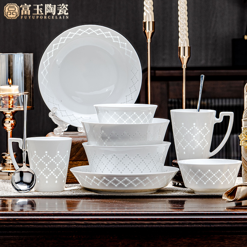 富玉【星耀10件套】 玲珑瓷2人食汤盘+面碗+饭碗+马克杯+勺子各两个