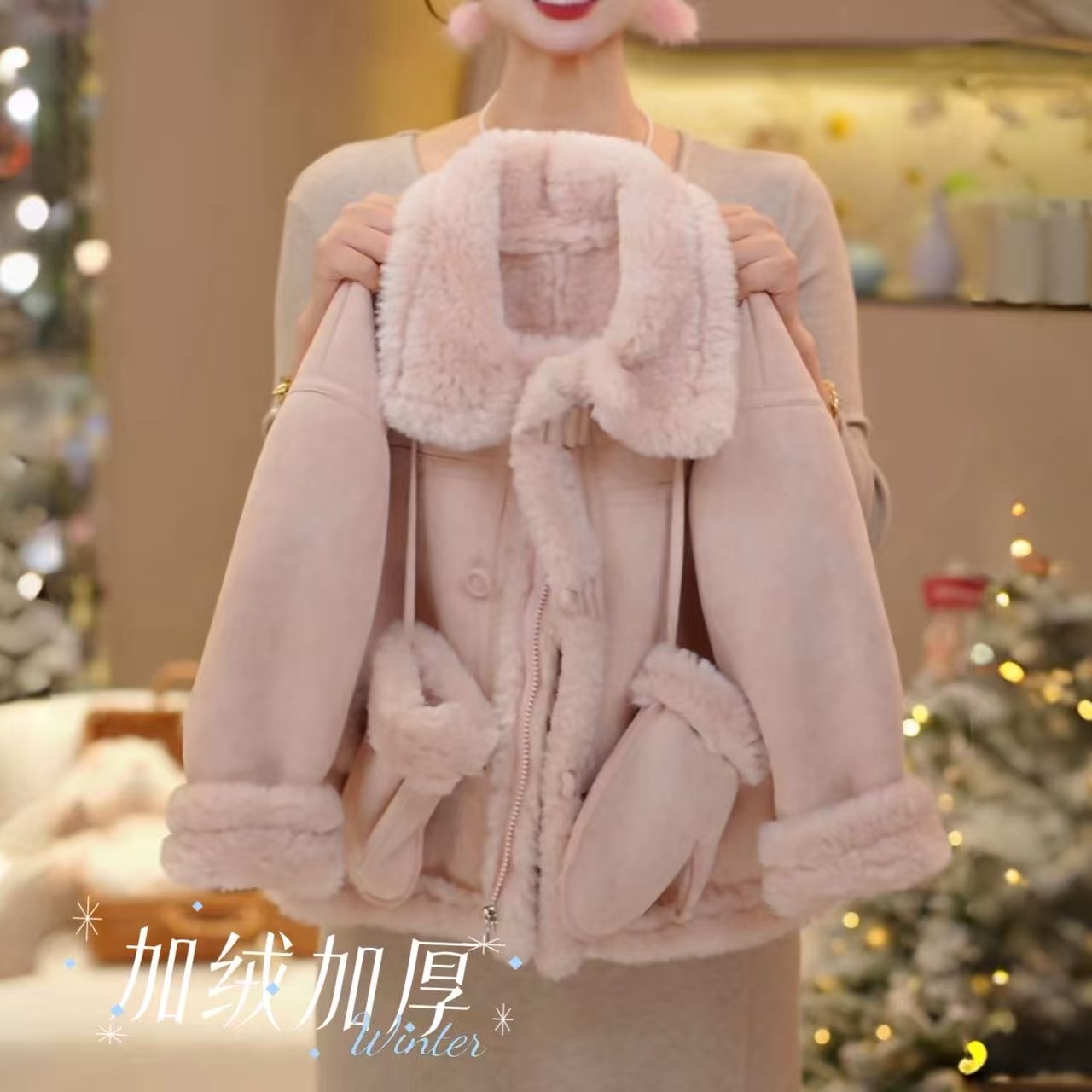 女童2026冬季新款韩版纯色翻领一体拉链加厚百搭外套6016