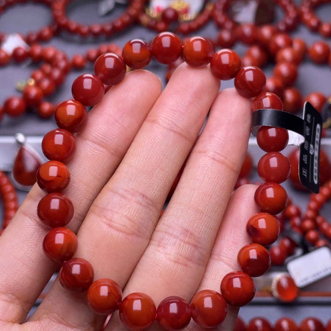 南红玛瑙未镶嵌其他天然原矿）高品8➕瓦西玫锦双色圆珠手串