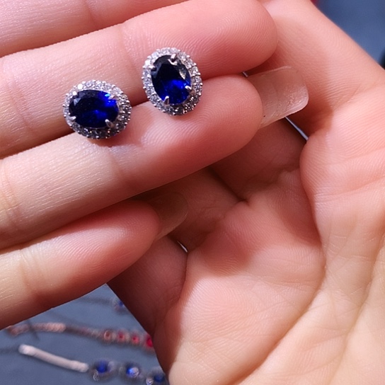 蓝宝石耳饰银S925镶嵌