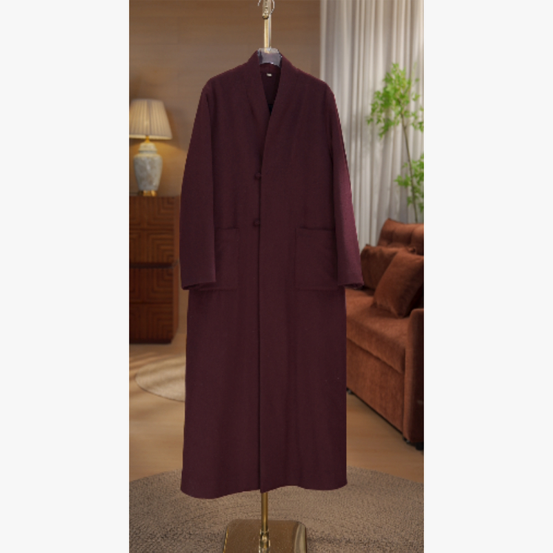 25年秋冬百分百绵羊毛新中式简约V领气质女款长外套大衣A4009