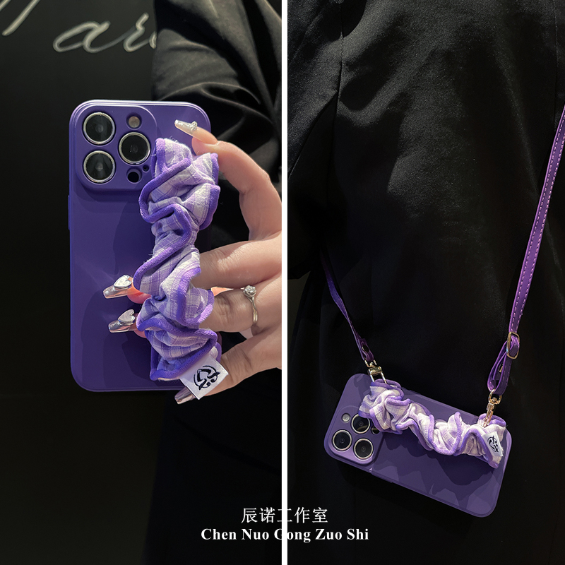 暗夜紫格纹手腕带适用苹果华为荣耀oppo/vivo小米手机壳斜挎绳女