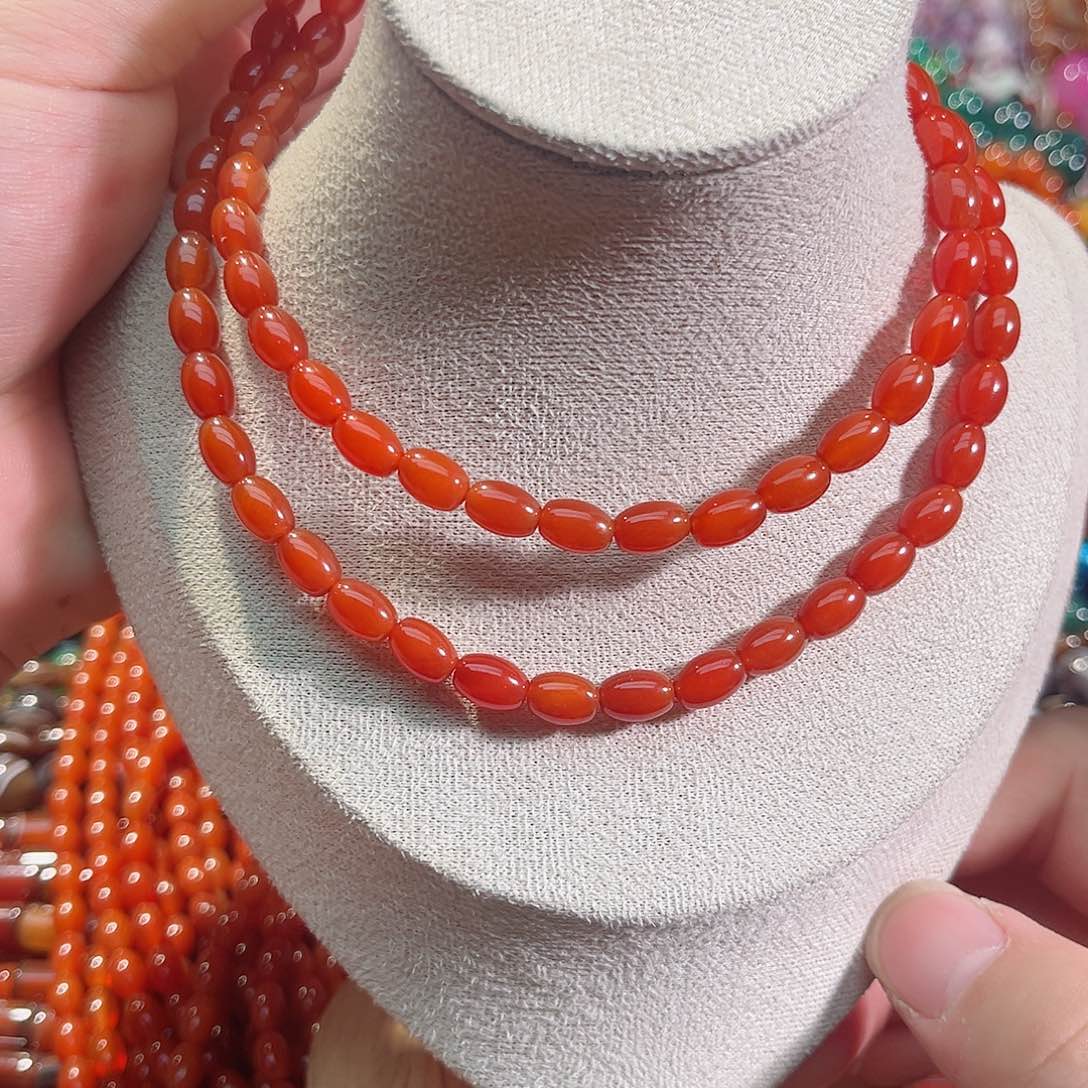 玛瑙/玉髓未镶嵌珠宝半成品A货红玛瑙米珠一条6x8mm