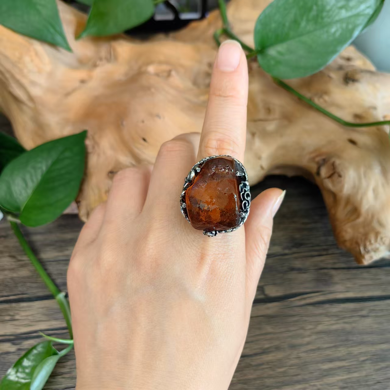 LYliuyng海漂原皮琥珀蜜蜡纯手工银镶嵌个性大戒指原石蜜蜡银戒指