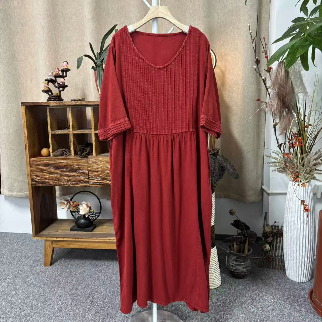 花璟与麻原创设计炒色做旧圆领打杆拼接袍裙（裙长115胸围130）