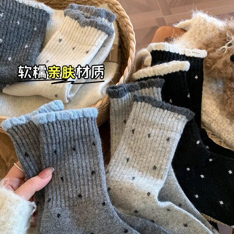 【五双】袜子女中筒秋冬季波点温柔花边百搭复古多巴胺宽口外穿