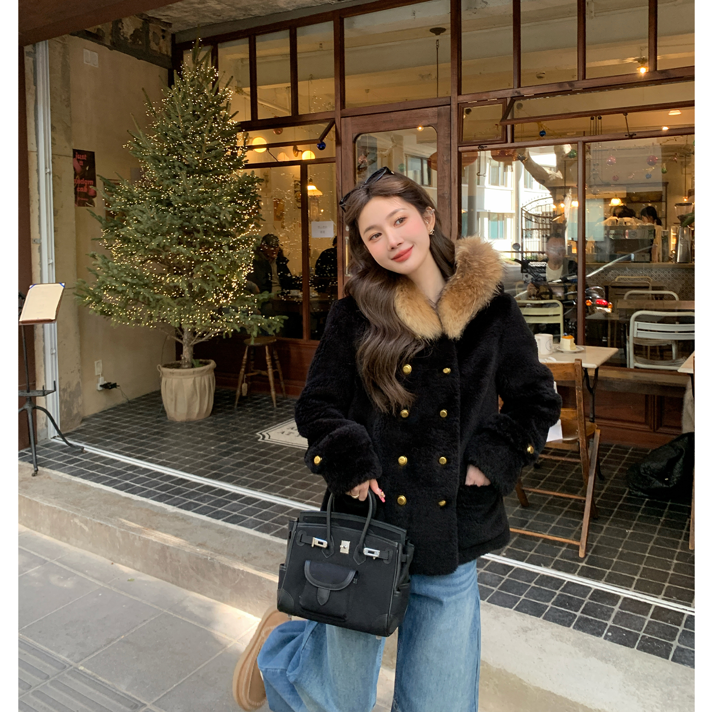 黛西 古早少女 貉子毛领复古气质中长款羊羔毛皮外套毛毛大衣冬