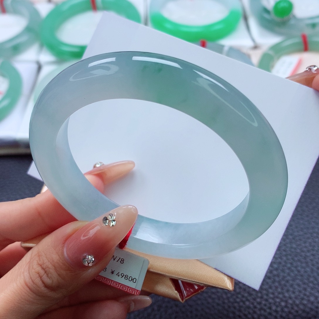 翡翠手镯未镶嵌57.58.59冰胶蓝紫飘绿花 经典特色