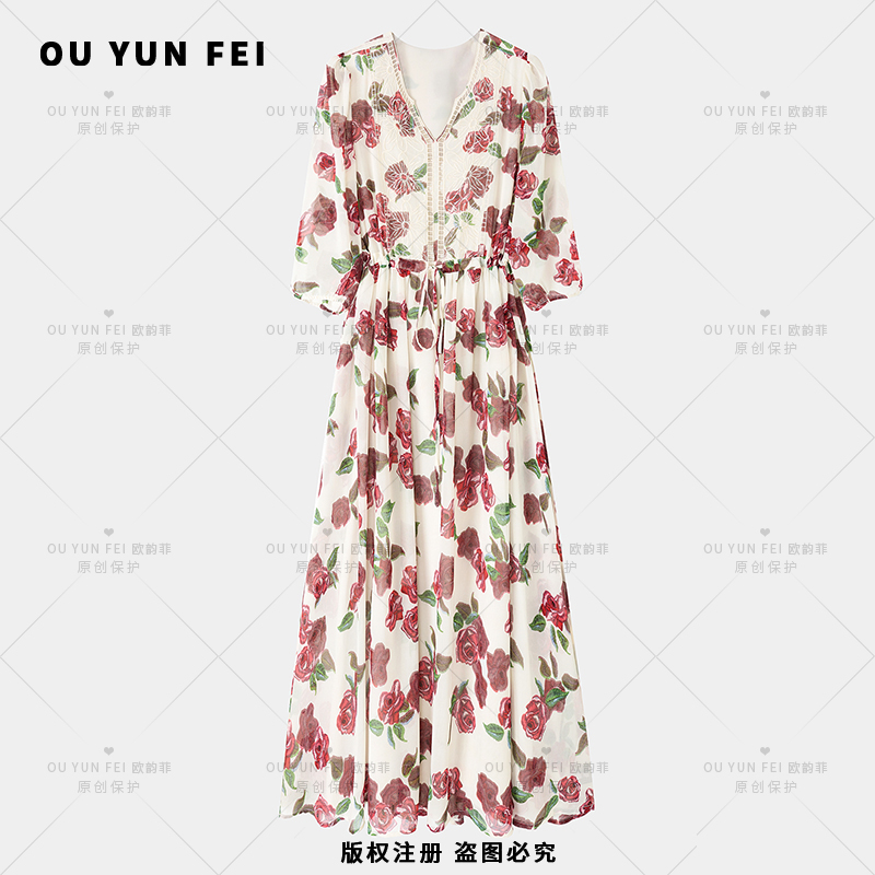 【玫瑰的故事】夏季收腰显瘦百搭时尚气质遮肉女士长款连衣裙HB1127